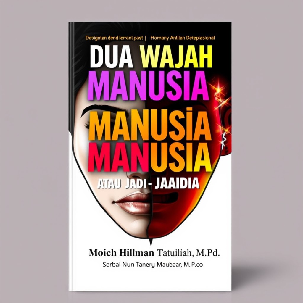 An eye-catching ebook cover for "Dua Wajah Manusia Sejati atau Jadi-Jadian" prominently featuring the title in an engaging design