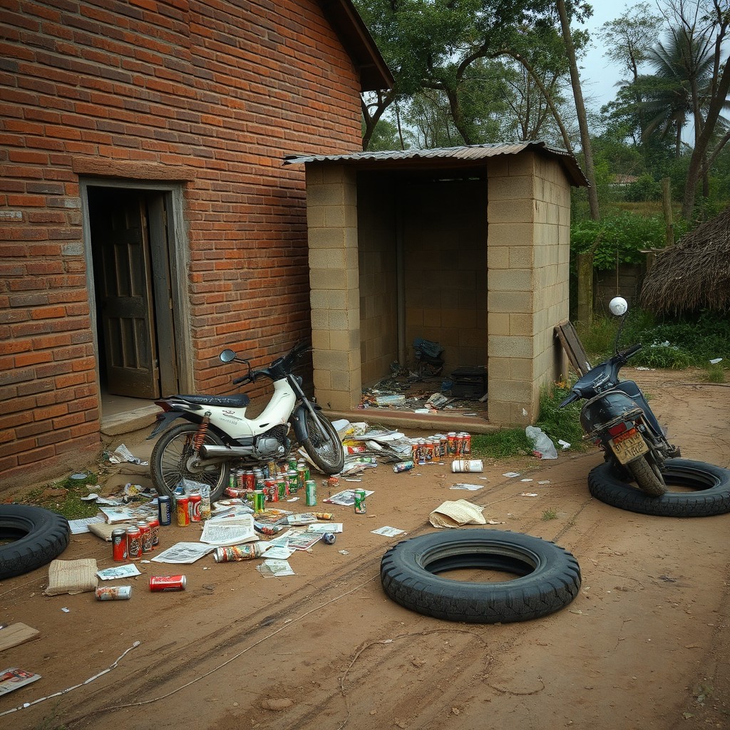 A scene featuring a brick house next to a dilapidated village toilet without walls