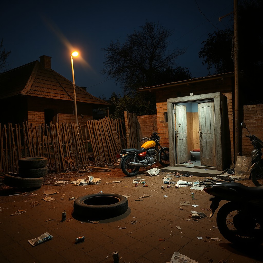 A scene depicting a brick house next to a vandalized village toilet with broken boards in the walls