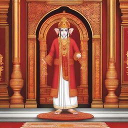 An illustration of the deity Ram, in traditional attire, sanguinely stepping into an elegantly designed elevator branded with the 'Epic Elevators Pvt Ltd' logo, with a backdrop of the richly adorned Ram Mandir in Ayodhya.