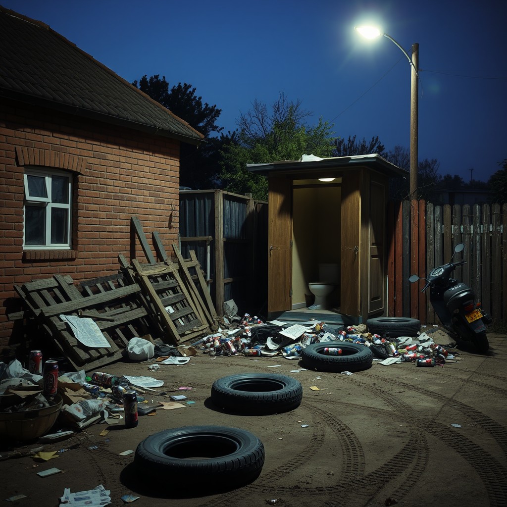 A scene depicting a brick house adjacent to a vandalized village toilet with broken boards and a missing back wall