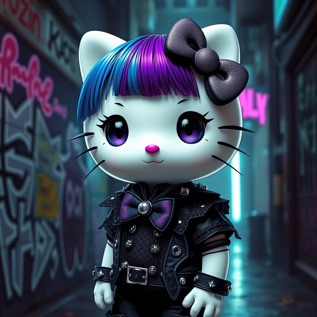 A stylish and edgy reinterpretation of Hello Kitty in an emo aesthetic