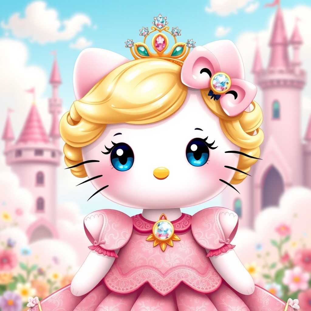 A whimsical and enchanting version of Hello Kitty with blonde hair styled in cute, soft curls and bright blue eyes that sparkle with joy