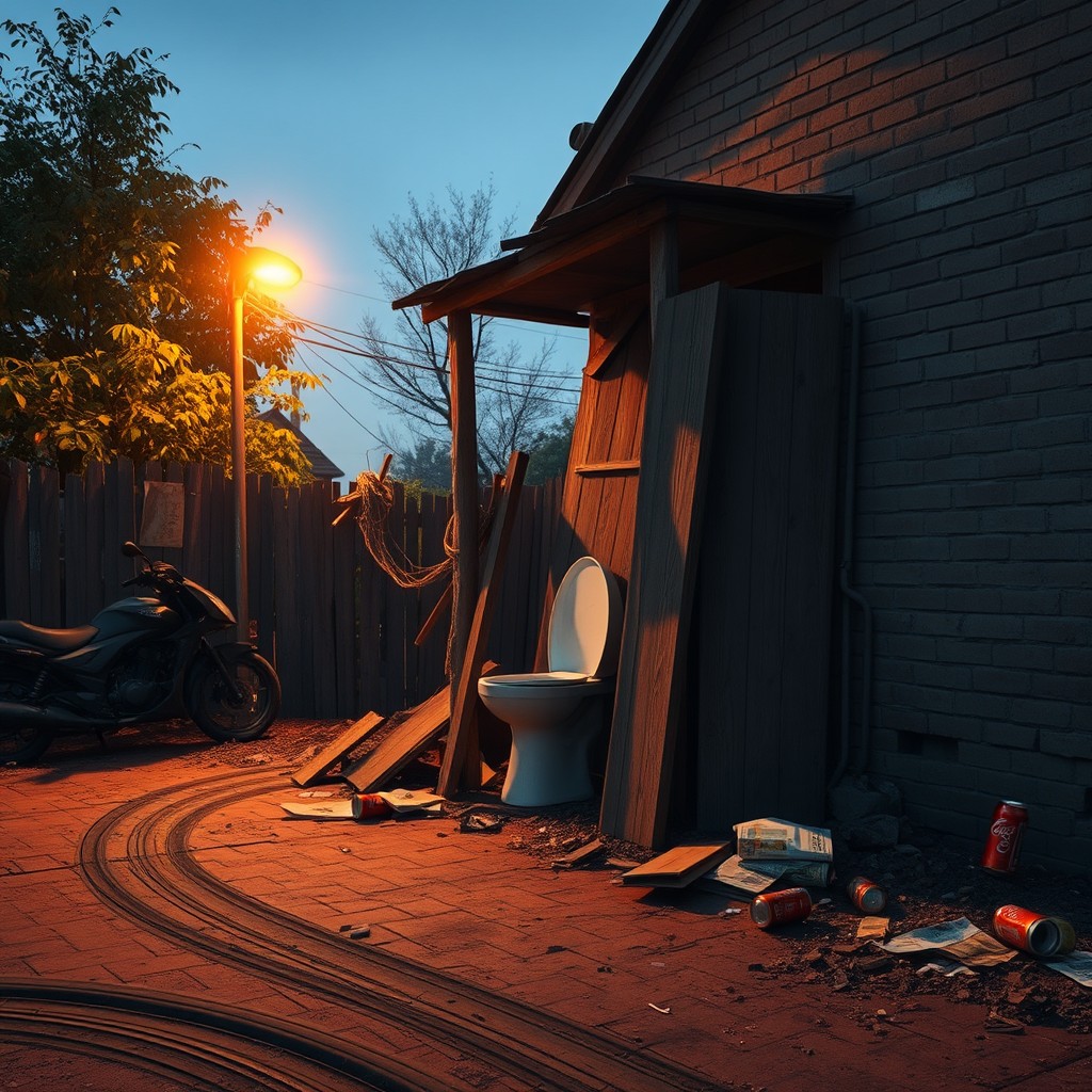 A scene depicting a rundown village toilet next to a brick house, featuring shattered wooden planks, a broken toilet, and a demolished back wall