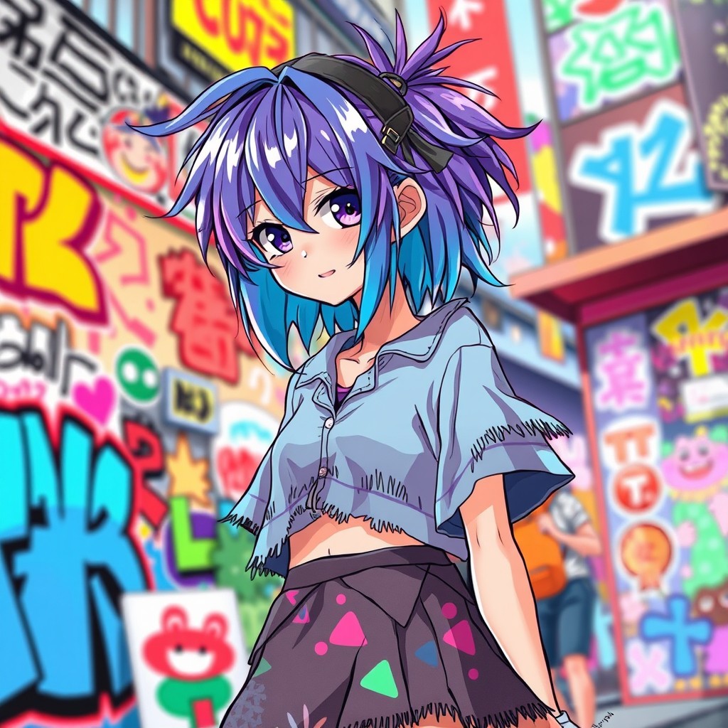 A vibrant anime character featuring a girl with messy, unkempt hair that has a unique color blend of blue and purple