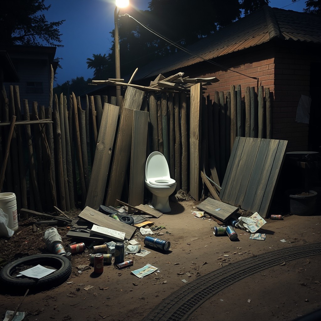 A scene depicting a dilapidated village toilet next to a brick house, featuring shattered wooden boards and a toilet split in half