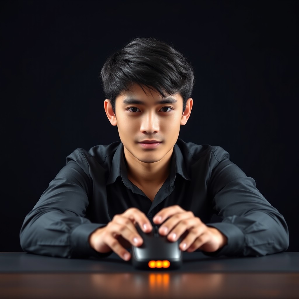 A 21-year-old young man with black hair sitting in front of a computer mouse