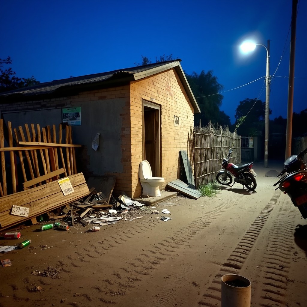 A scene featuring a desolate village toilet next to a brick house, characterized by broken wooden boards, with shards of a toilet scattered on the floor and a collapsed side wall