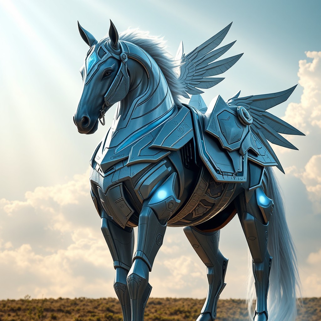 A breathtaking futuristic heavenly armored horse, adorned with intricate, shimmering armor that reflects celestial energy and divine light