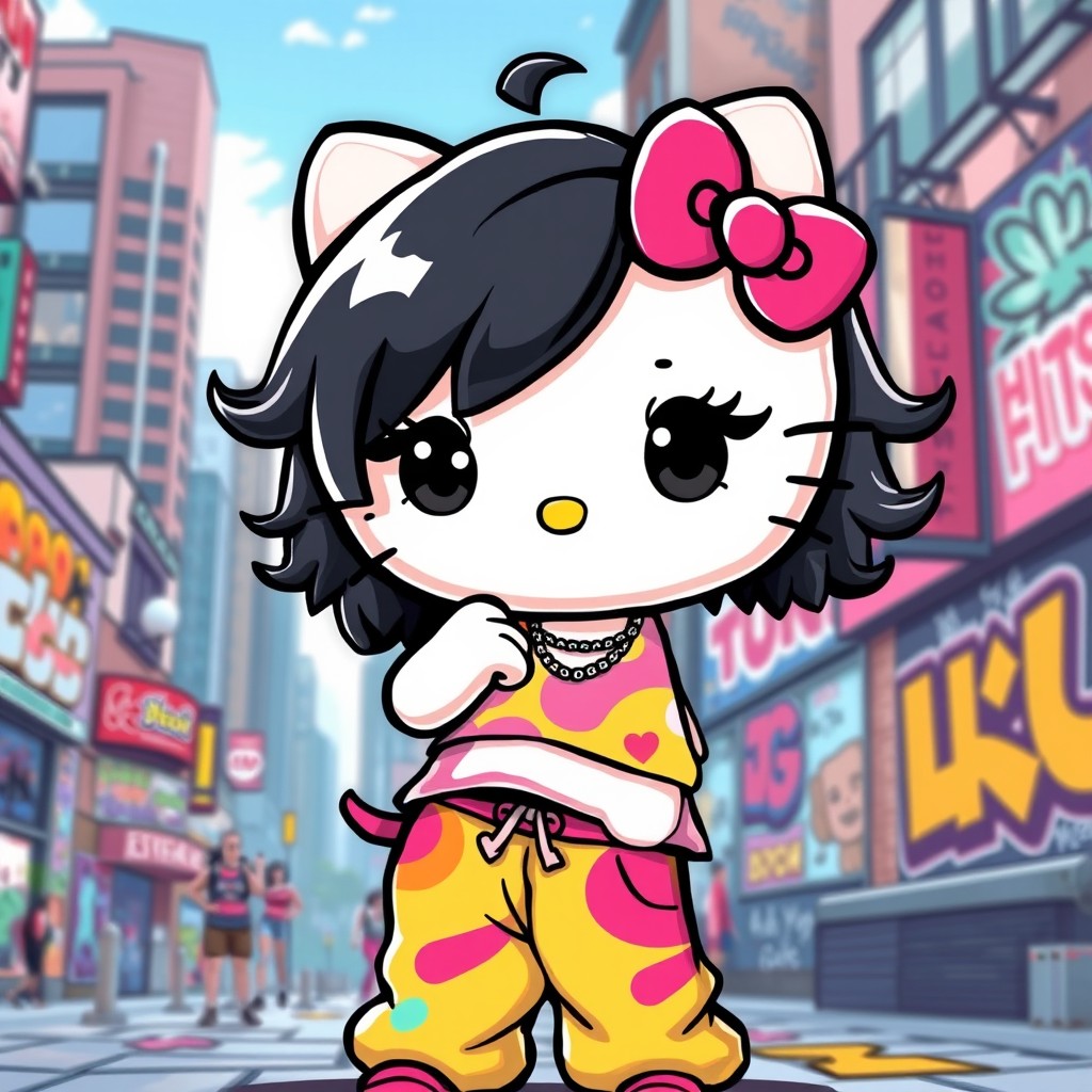 A cute and stylized interpretation of Hello Kitty, featuring her with shiny black hair and curly eyelashes