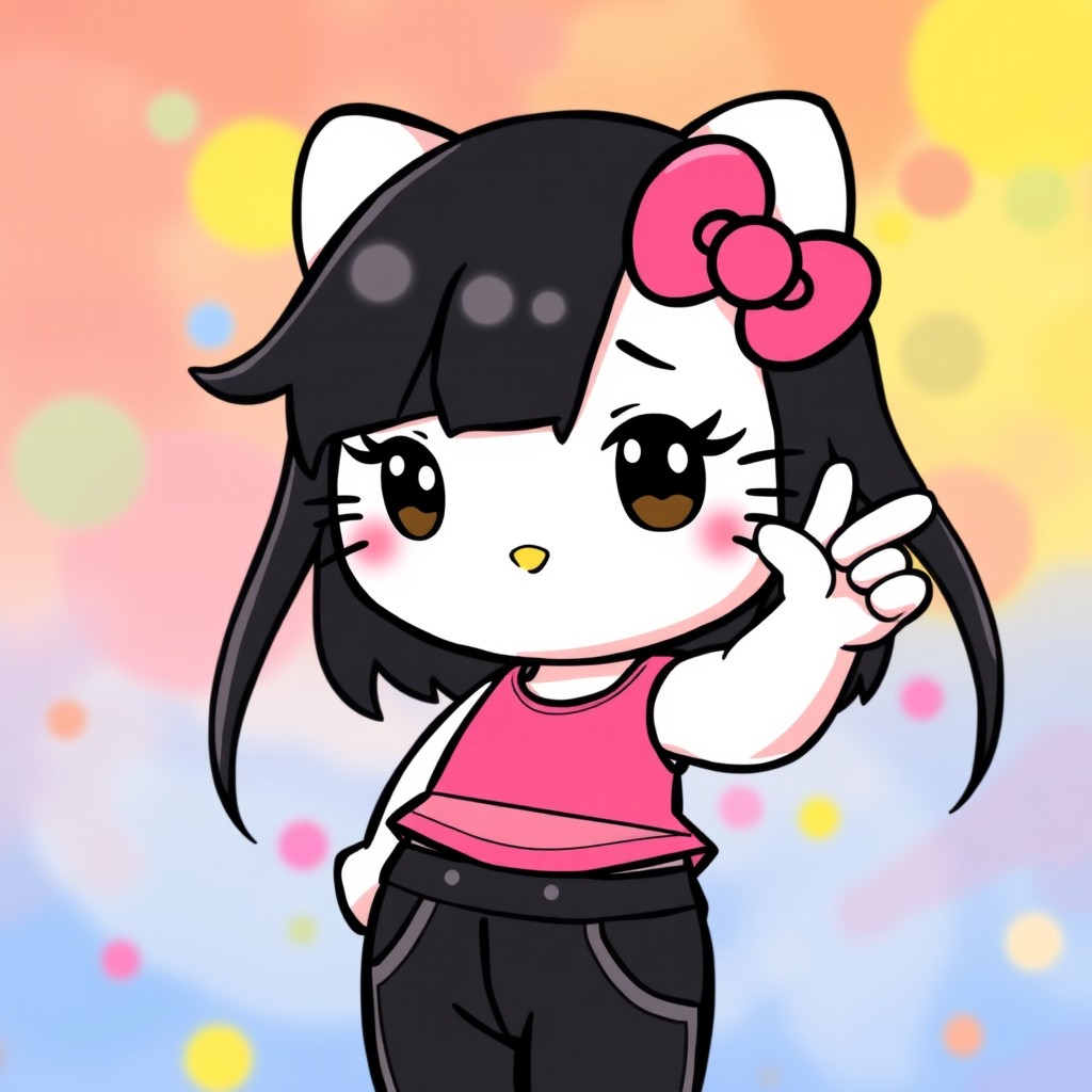 Hello Kitty character with long black hair, dark brown eyes, and curled eyelashes