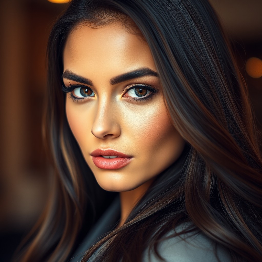 A gorgeous brunette woman with radiant skin and striking, piercing eyes that capture attention