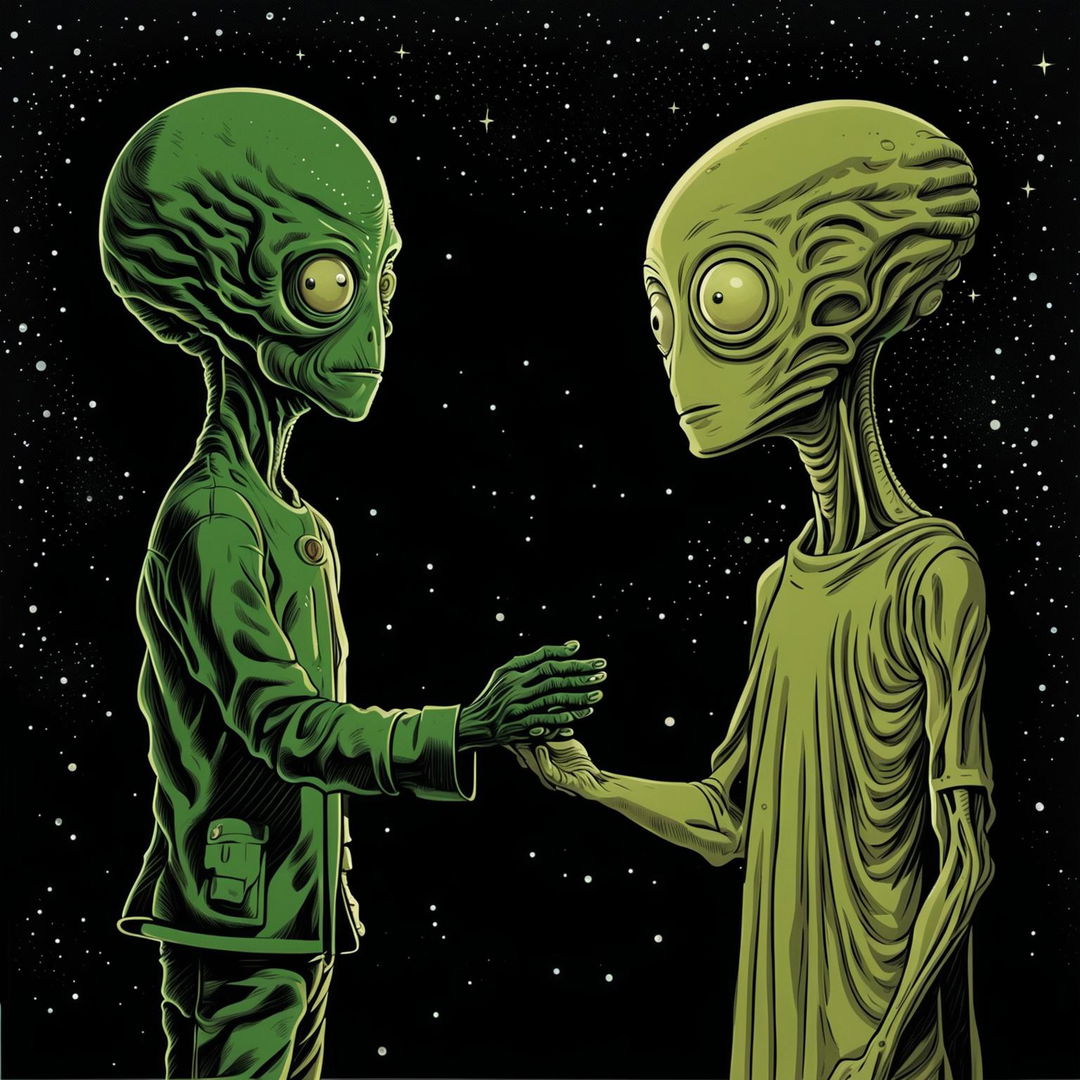 A digital art piece depicting the first encounter between a human and an alien