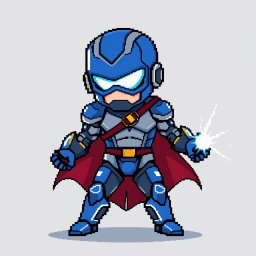 A pixel art character design of a superhero with electrical powers, dressed in a blue and gray suit reminiscent of Iron Man's armor, but without a full mask