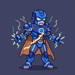 A pixel art character design of a superhero with electrical powers, dressed in a blue and gray suit reminiscent of Iron Man's armor, but without a full mask