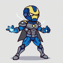 A pixel art character design of a superhero with electrical powers, dressed in a blue and gray suit reminiscent of Iron Man's armor, but without a full mask