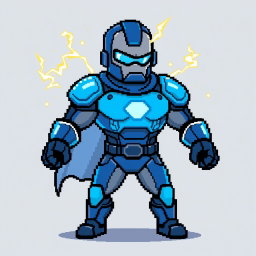 A pixel art character design of a superhero with electrical powers, dressed in a blue and gray suit reminiscent of Iron Man's armor, but without a full mask