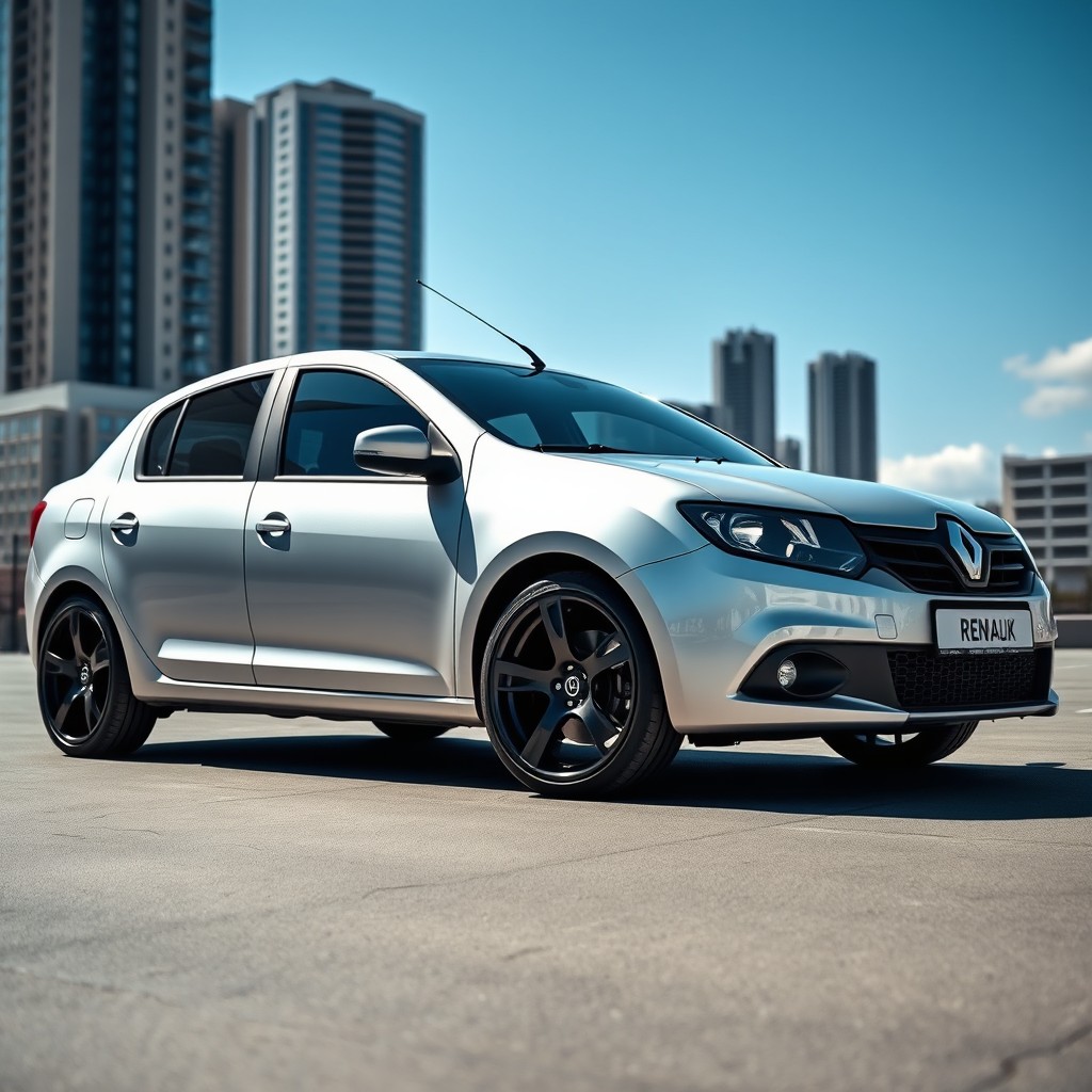 A silver Renault Logan with sleek black drag wheels