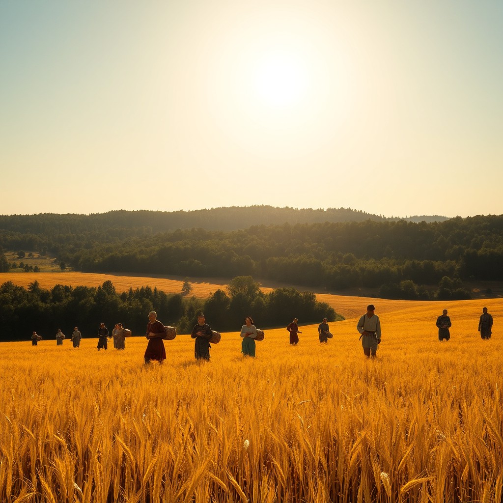 A beautiful wide landscape on a flat plain at noon, featuring a golden field in the foreground where medieval peasants are actively harvesting grain, carrying bundles, and engaged in conversation