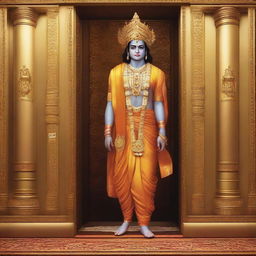 An image of the deity Lord Rama, adorned in traditional attire, gracefully stepping out from an sophisticatedly designed elevator, with a serene look on his face.