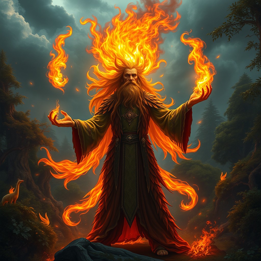 A powerful druid of wild flames, standing amidst an enchanted forest