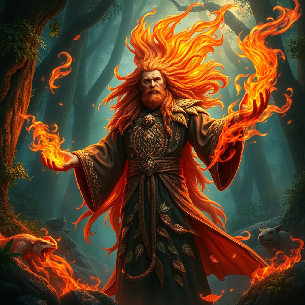 A majestic druid of wild flames named Sovlin, radiating power as he stands amidst an enchanted forest