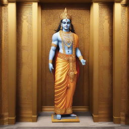 An image of the deity Lord Rama, adorned in traditional attire, gracefully stepping out from an sophisticatedly designed elevator, with a serene look on his face.