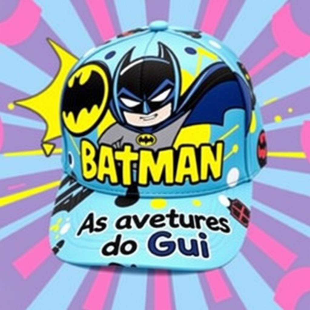 A colorful cap featuring a bold and vibrant illustration of Batman, prominently displaying his iconic emblem, alongside the text 'As aventuras do Gui' in playful and cheerful font