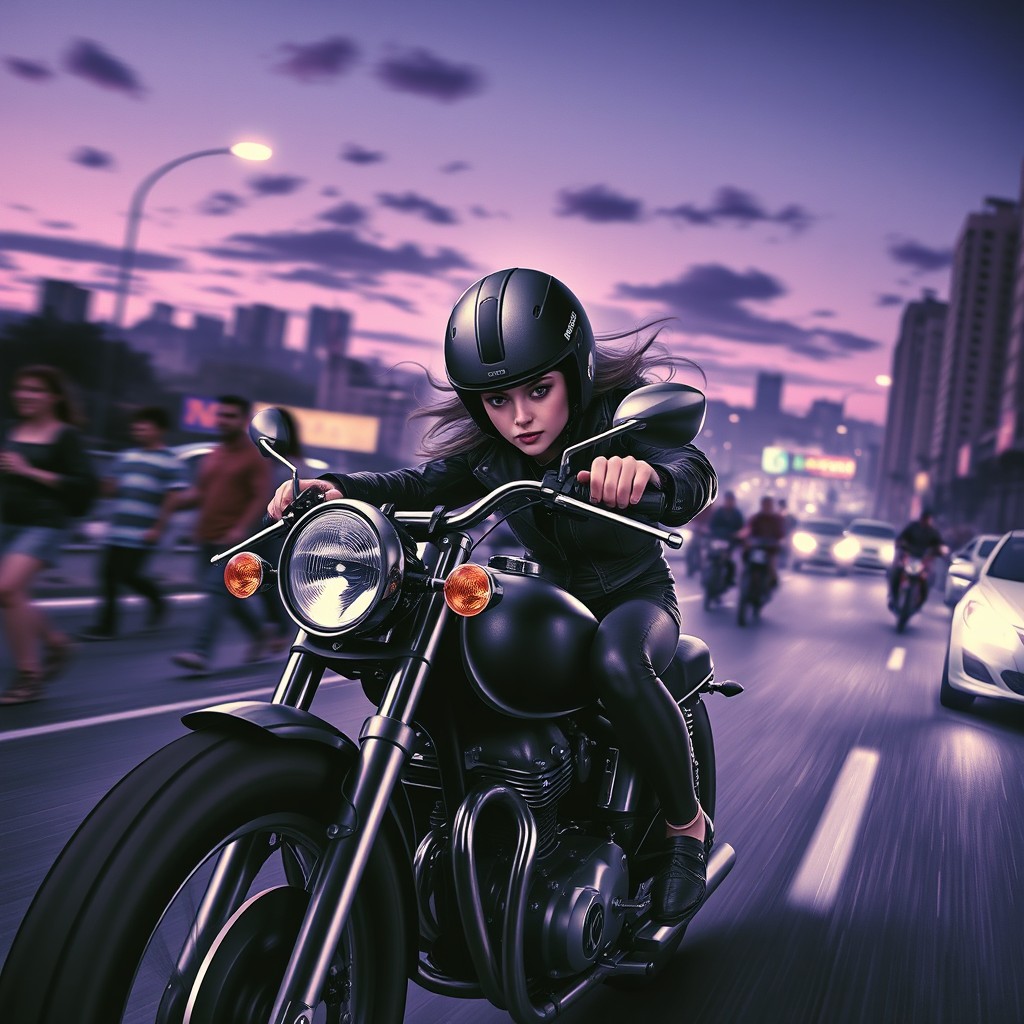 A captivating book cover featuring a girl riding a motorcycle at high speed on a crowded road