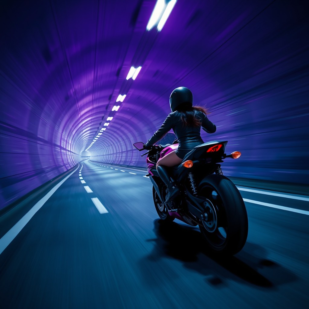 A striking book cover featuring a girl riding a motorcycle at high speed through an empty tunnel in a nighttime city