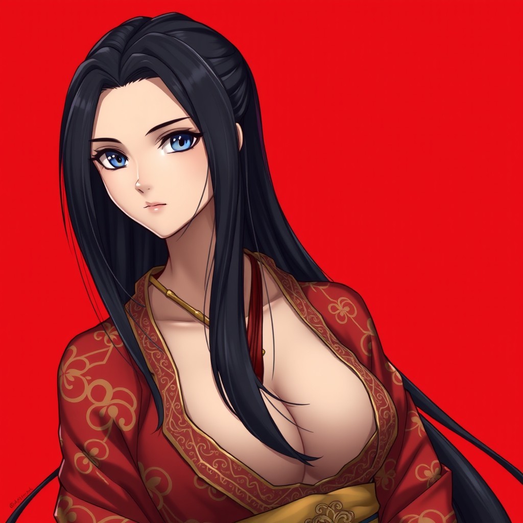 A beautiful woman with long black hair and intense blue eyes, wearing an intricately detailed red and gold kimono that features a deep neckline