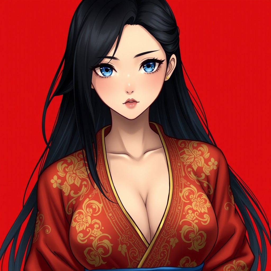 A beautiful Asian woman with long black hair and intense blue eyes, wearing an intricately detailed red and gold kimono that features a deep neckline