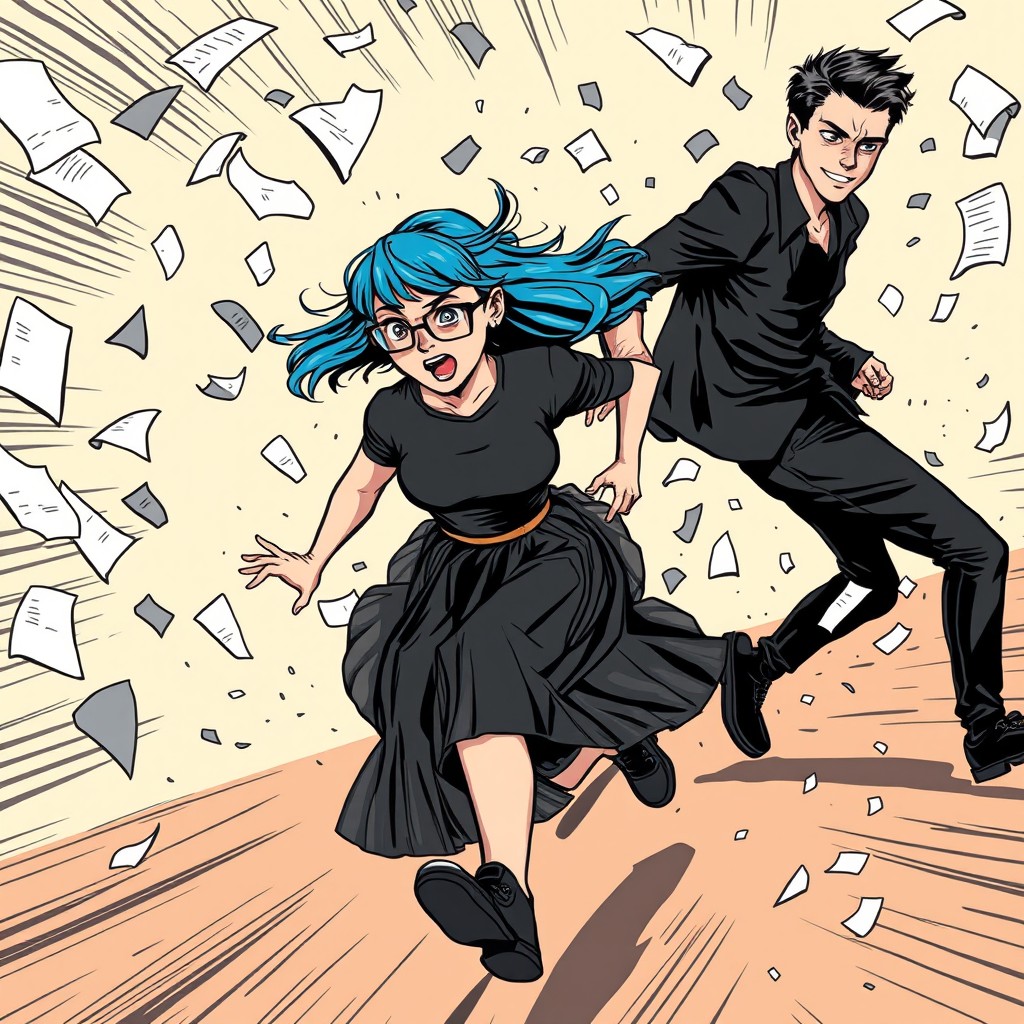 A dynamic and humorous comic-style scene featuring two characters in a chaotic chase