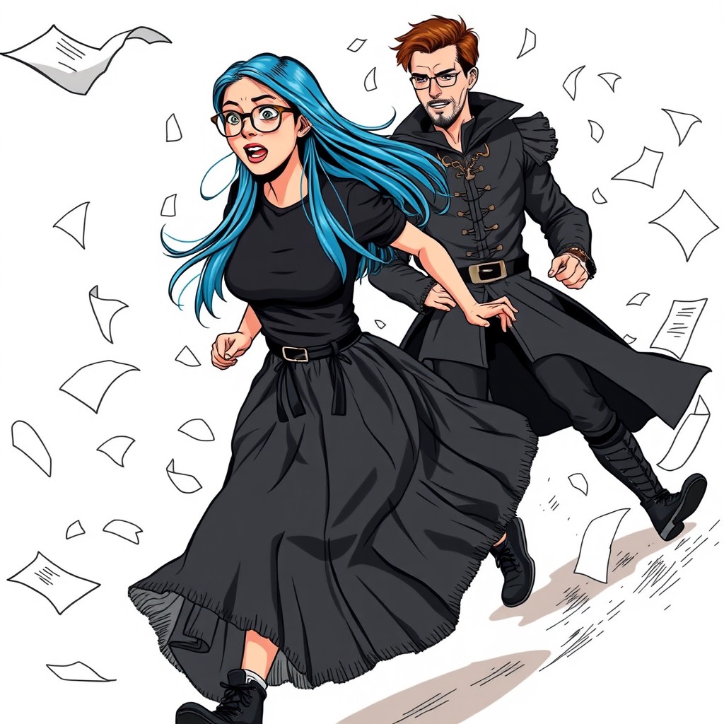 A dynamic and humorous comic-style scene featuring two characters in a lively chase