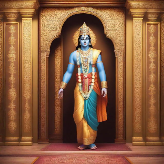 An image of the deity Lord Rama, adorned in traditional attire, gracefully stepping out from an sophisticatedly designed elevator, with a serene look on his face.