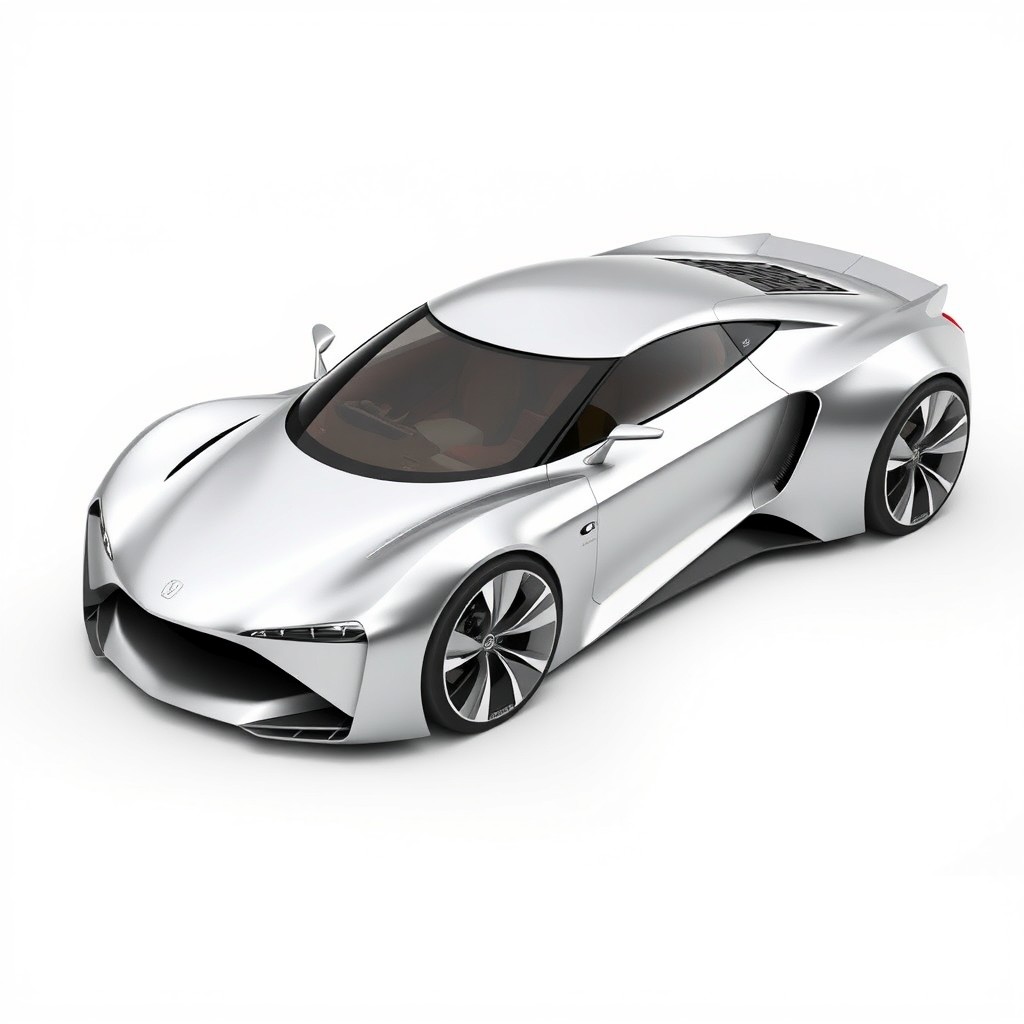 A futuristic car design that does not exist, featuring an aerodynamic profile with a wedge-shaped yet rounded silhouette