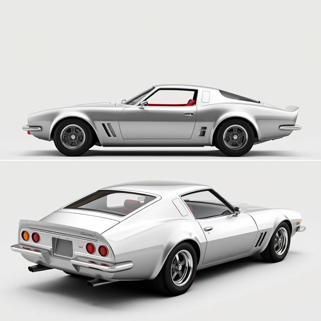 A classic car design inspired by 1980s and 1990s coupes, featuring less rounded lines and a more angular and sharp silhouette
