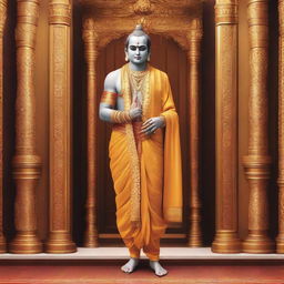 An image of the deity Lord Rama, adorned in traditional attire, gracefully stepping out from an sophisticatedly designed elevator, with a serene look on his face.