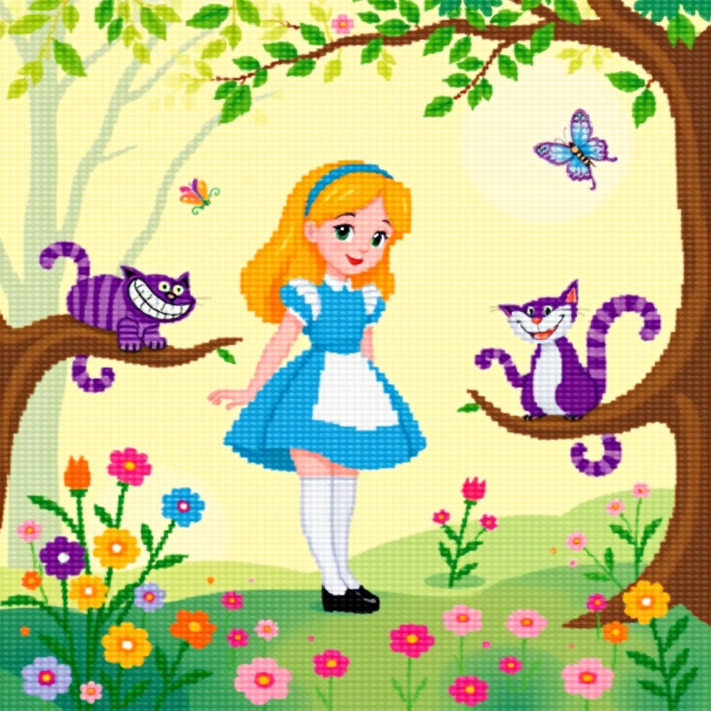 A simple yet enchanting scene inspired by Disney's Alice in Wonderland, featuring Alice wearing her classic blue dress and white bloomers, surrounded by whimsical elements like colorful flowers, a cheerful Cheshire Cat grinning from a tree branch, and a delicate butterfly fluttering nearby