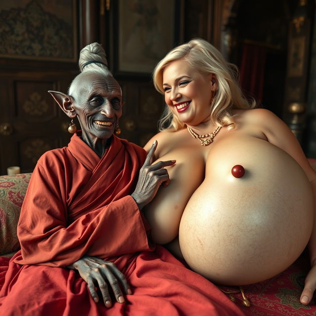 Lying on a medieval bed in a richly decorated medieval room, an elderly, unattractive black woman with very dark skin, small and emaciated, features sharp crooked teeth and elf-like ears