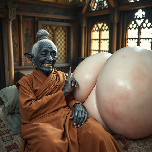 Lying on a medieval bed in an intricately designed medieval room, an elderly, unattractive black woman with very dark skin, small and emaciated, features sharp crooked teeth and elf-like ears