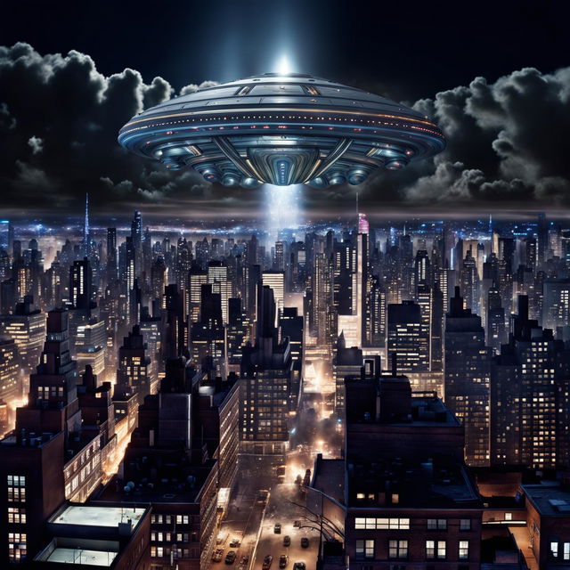 A photo-realistic digital rendering of a giant UFO mothership hovering above the cityscape of New York City at night