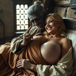 Lying on a medieval bed in a medieval room, an elderly, unattractive black woman with a very dark complexion, petite stature, and a malnourished appearance is depicted with sharp, rotten teeth and pointed elf-like ears