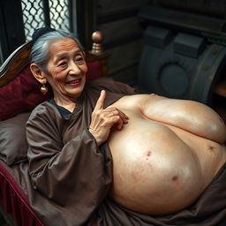 Lying on a medieval bed in a medieval room, an elderly, unattractive Indonesian woman with a small stature and malnourished appearance is depicted
