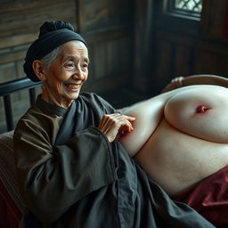 Lying on a medieval bed in a medieval room, an elderly, unattractive Indonesian woman with a small stature and malnourished appearance is depicted