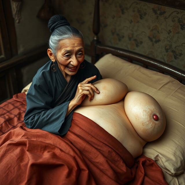 Lying on a medieval bed in a medieval room, an elderly, unattractive Indonesian woman with a small stature and malnourished appearance is depicted