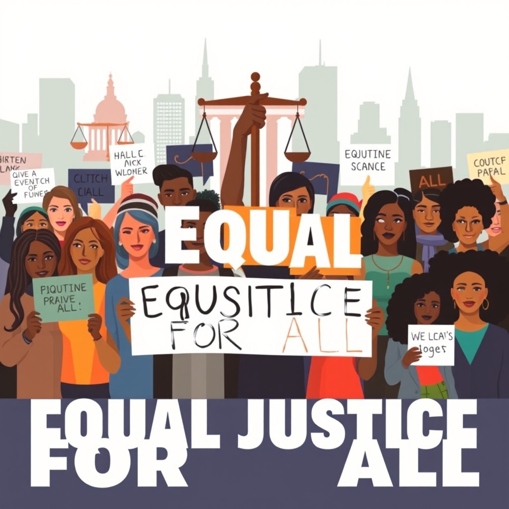 A powerful poster design promoting equal justice, featuring a diverse group of people of various ethnicities and genders united together, holding protest signs with messages of equality and justice