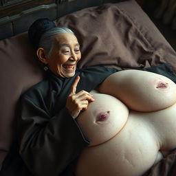 Lying in a medieval bedroom, an elderly, unattractive Indonesian woman with a small stature and malnourished appearance is depicted