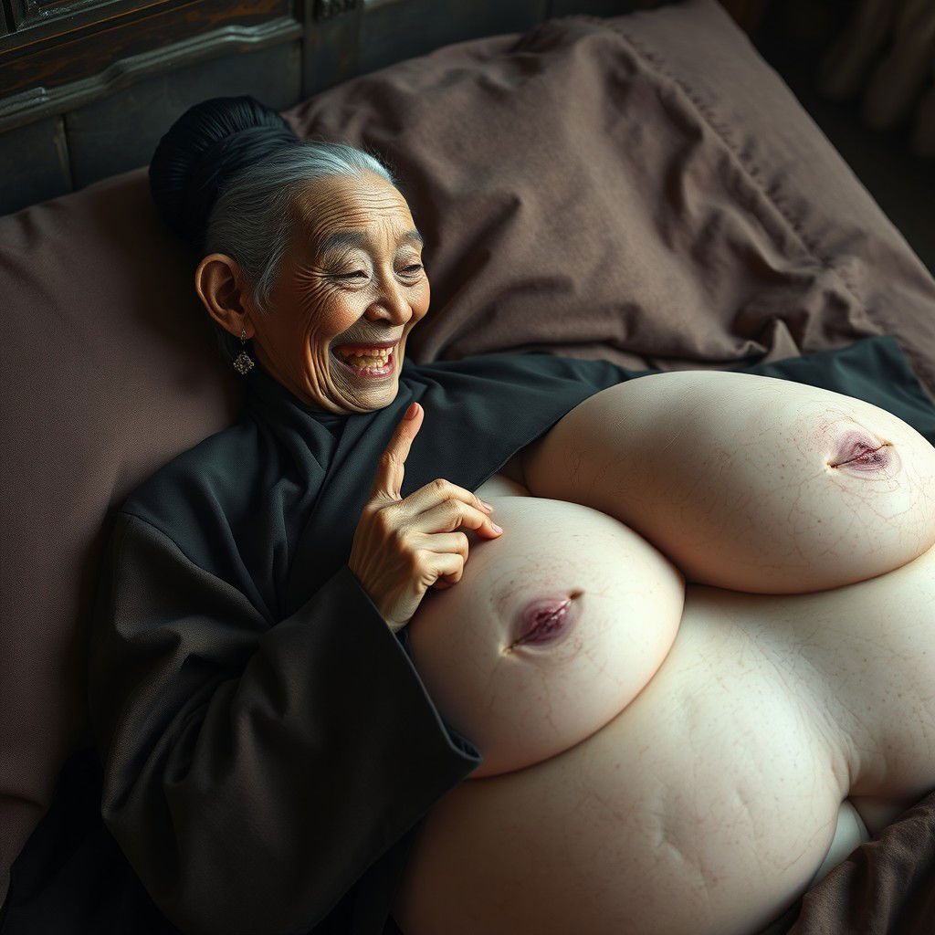 Lying in a medieval bedroom, an elderly, unattractive Indonesian woman with a small stature and malnourished appearance is depicted