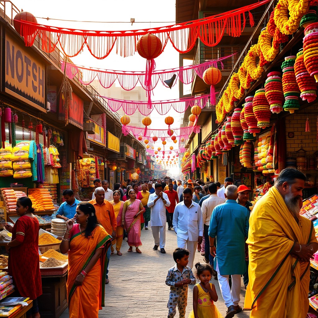 A vibrant Indian marketplace bustling with life, filled with colorful stalls selling spices, textiles, and traditional crafts